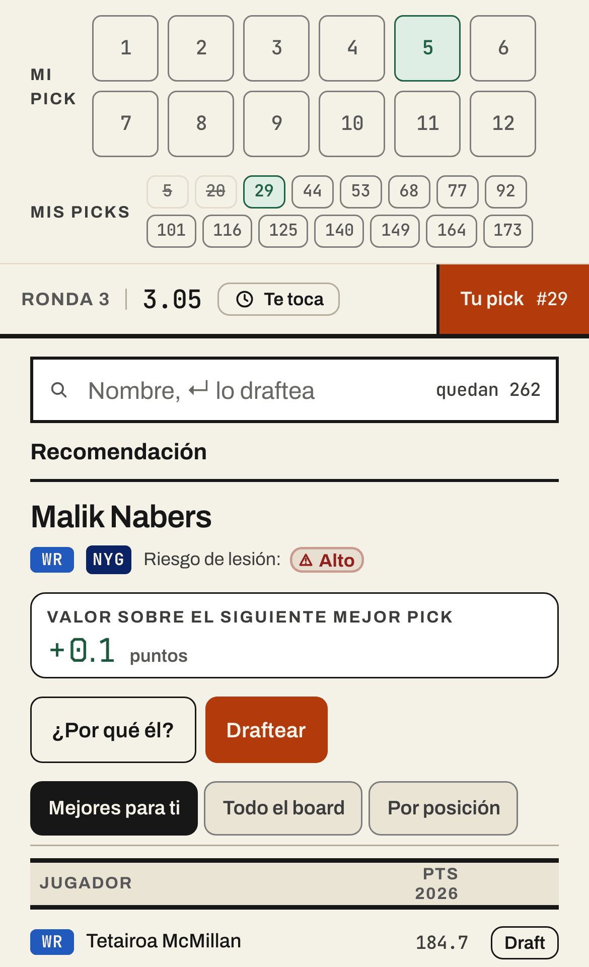 Draft Room de Draft Lab en el pick 29 de la ronda 3. La recomendación es Malik Nabers, con su riesgo de lesión a la vista y 0.1 puntos de ventaja sobre la siguiente opción.