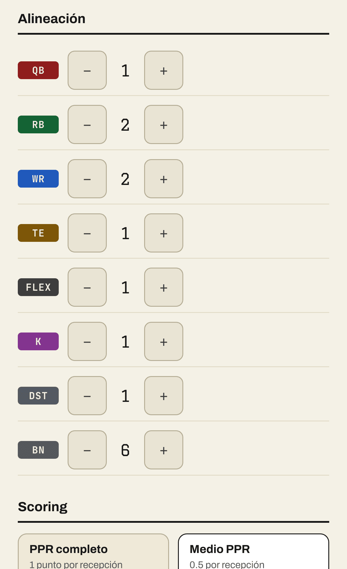 Pantalla de Ajustes de liga de Draft Lab: el scoring, los lugares titulares y el FLEX de tu liga, con steppers y controles segmentados.